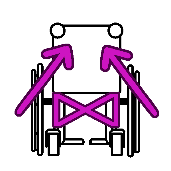 A black and white drawing of a folding wheelchair from behind, with its X frame in pink and two pink arrows pointing up to indicate how it folds.